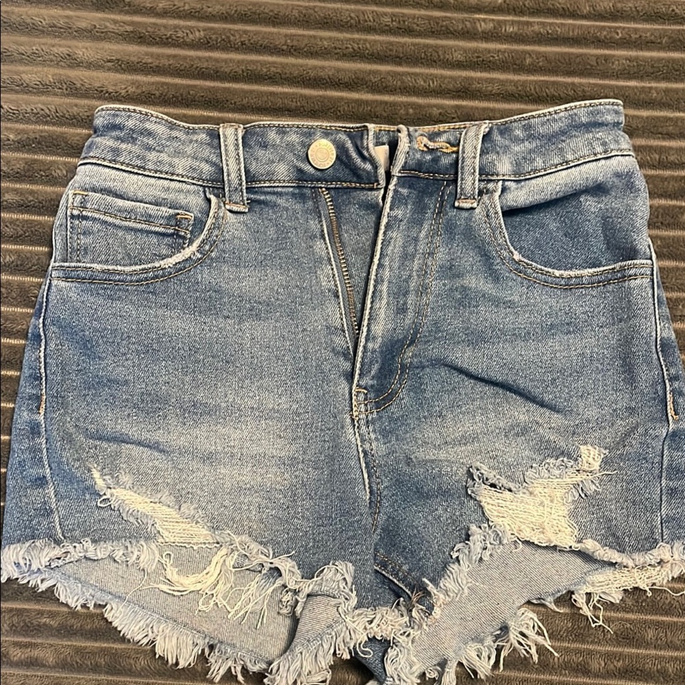 Forever 21 Blue Distressed Jean Shorts with Frayed Hem